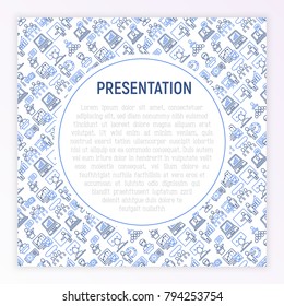Presentation concept with thin line icons: seminar, human at tribune, meeting, projector , audience, video call, conference, discussion. Modern vector illustration for banner, print media, web page.