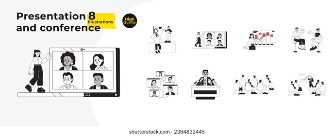 Presentation conference black and white cartoon flat illustration bundle. Seminar training speaker audience linear 2D characters isolated. Diverse businesspeople monochromatic vector image collection