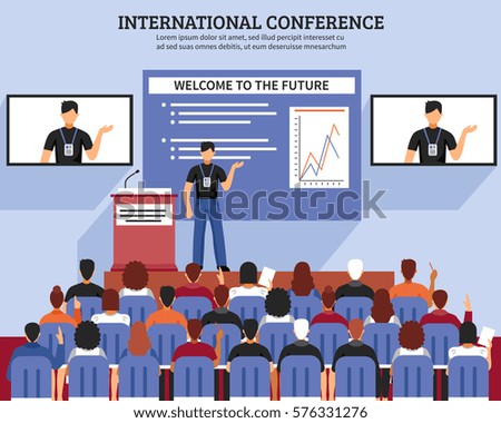 Presentation conference hall composition international conference welcome to the future descriptions vector illustration
