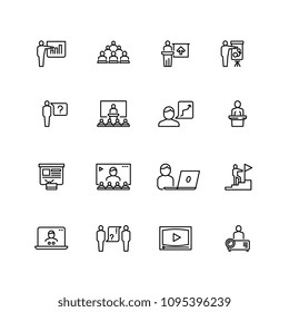 Presentation and conference symbols. Training and learning line icons. People group in class outline pictograms vector set isolated. Business education seminar, group audience illustration