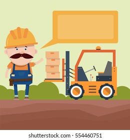 Presentation of construction equipment. The driver tells the loader with a bucket. Design of the brochure. Vector illustration in flat style