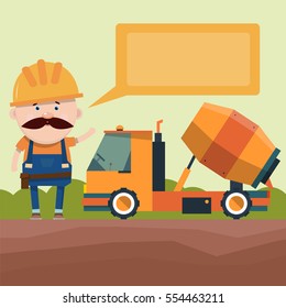 Presentation of construction equipment. The driver tells the truck the concrete mixer. Design of the brochure. Vector illustration in flat style