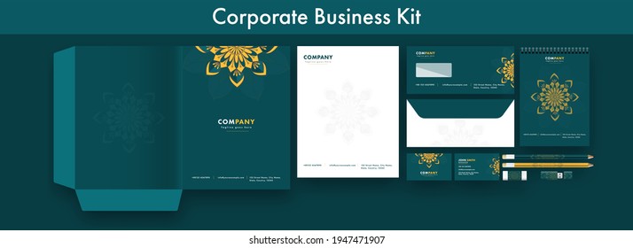 Presentation Of Corporate Business Or Identity Kits In Teal And White Color.