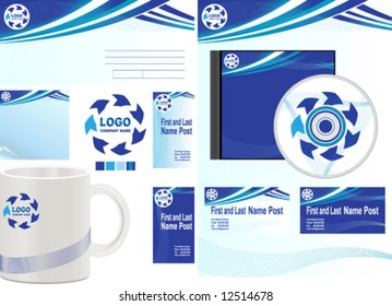 Presentation of corporate identity. Template vector forms, envelopes, business cards, note pad and mug.  Blue.