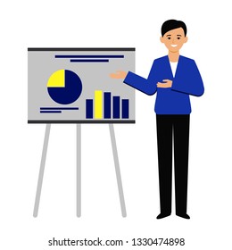 Presentation, corporate training. A man leads a workshop. Graphs, indicators, analysis of results, reporting. Vector illustration, white background.