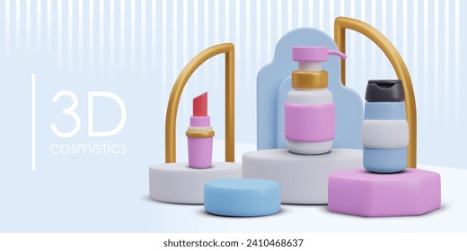 Presentation of cosmetic products on stage. Realistic pink case with red lipstick, bottle with dispenser, and plastic bottle with shampoo for hair. Vector illustration in 3d style with blue background