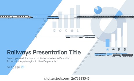 Plantilla de presentación sobre el transporte ferroviario de pasajeros y mercancías. La red ferroviaria, los trenes y los diagramas se muestran de forma abstracta. Todos los Elementos están en capas separadas y son totalmente editables