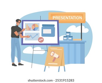 Apresentação da nata. Homem perto de gráficos e diagramas. Vendedor de cosméticos. Publicidade de cremes e loções corporais. Produtos para a pele e o rosto. Ilustração de vetor plano isolada no plano de fundo branco