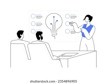 Presentation creation tool abstract concept vector illustration. Woman makes report using professional presentation software, IT technology, interactive visuals creation abstract metaphor.