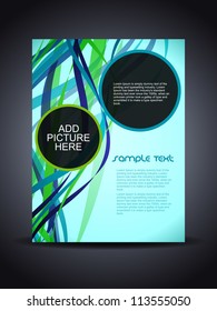 Presentation of creative flyer or cover design with colorful waves.