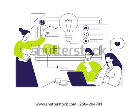 Presentation of creative idea abstract concept vector illustration. Advertising agency worker presents campaign idea to clients, business promotion strategy, digital marketing abstract metaphor.