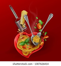 Presentation of a culinary recipe for cooking pasta. Spaghetti with cherry tomatoes, basil, parmesan cheese. Beautiful flying composition. 3d realistic vector illustration.