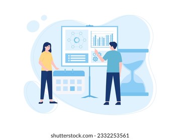 Presentation with data, calendar and time trending concept flat illustration