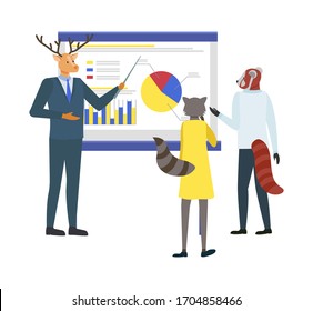 Presentation of deer vector, hipster animals at work, raccoon lady looking at whiteboard with information, proposing ideas. Working process company