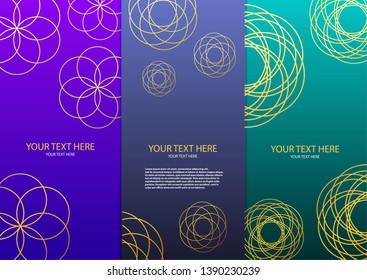 Presentation design. Bright pattern with intersecting golden circles, mandala. Abstract vector set of modern vertical banners. Vector illustration