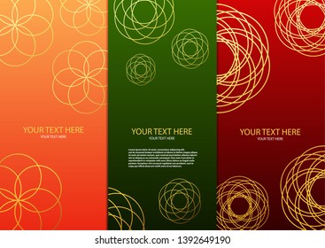 Presentation design. Bright pattern with intersecting golden circles, mandala. Abstract vector set of modern vertical banners. Vector illustration