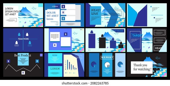 Präsentationsdesign-Set mit Blau- und Schwarz-Farben. Für Bürozwecke, Marketing, Webdesign. Interface, Infografik, UI, UX, Banner. Broschüre, Flyer. 