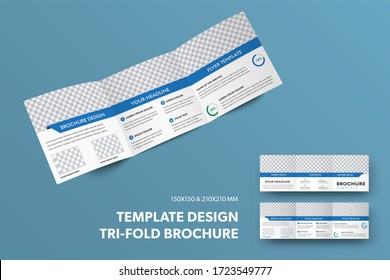 Presentation of the design of a square open booklet with a rectangular insert for a photo and a blue line, isolated on background. Standard trifold template with text, set with realistic shadows