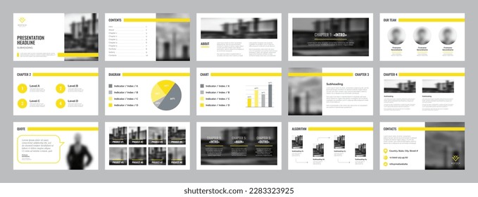 Presentation design template in yellow and grey background colors for industrial and tech company. Slide with diagram and graph, intro and team page, title and contacts. Modern vector logo included.