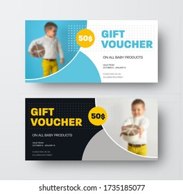 Presentation of design of vector gift voucher, with circles, dots and place for photo, for children's products, certificate with special offer. Discount coupon and card template with stock. Set