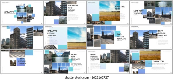 Presentation design vector template, multipurpose template for presentation slide, flyer, brochure cover design, infographic. Geometric blue color abstract background with photo, consisting of squares