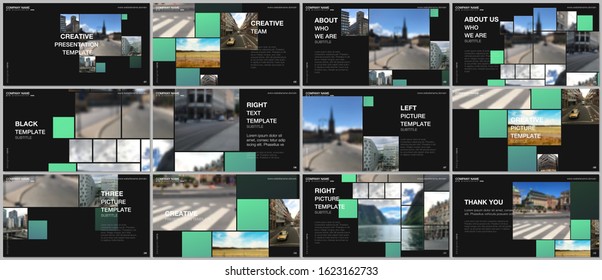 Presentation design vector template, multipurpose template for presentation slide, flyer, brochure cover design, infographic. Geometric green color abstract background with photo, consisting of square