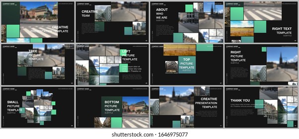 Presentation design vector template, multipurpose template for presentation slide, flyer, brochure cover design, infographic. Geometric green color abstract background with photo, consisting of square