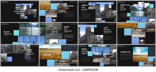 Presentation design vector template, multipurpose template for presentation slide, flyer, brochure cover design, infographic. Geometric blue color abstract background with photo, consisting of squares