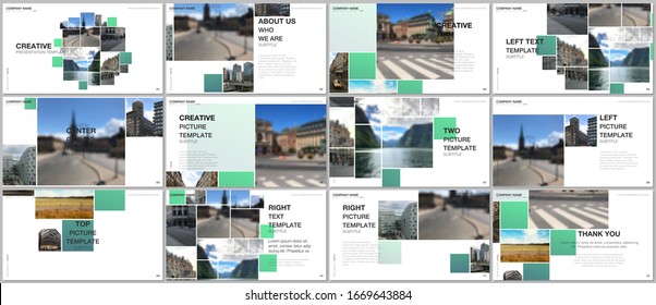 Presentation design vector template, multipurpose template for presentation slide, flyer, brochure cover design, infographic. Geometric green color abstract background with photo, consisting of square