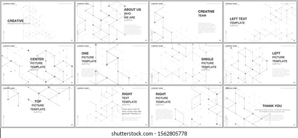 Presentation design vector templates, multipurpose template for presentation slide, flyer, brochure cover design. Scientific medical research. Abstract molecular connection structure backgrounds.