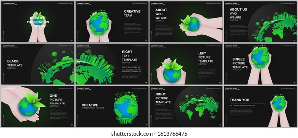 Presentation design vector templates, multipurpose template for presentation slide, flyer, brochure cover design, infographic. Green world globe in the hands of man. Earth planet health care concept.