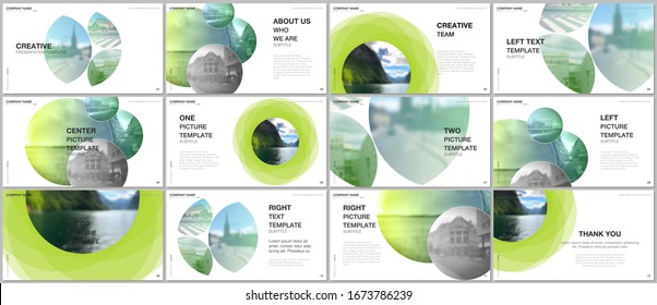 Presentation design vector templates, multipurpose template for presentation slide, flyer, brochure cover design, infographic report presentation. Abstract green fresh fluid geometric design.