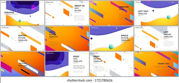 Presentation design vector templates, multipurpose template for presentation slide, flyer, brochure cover design, infographic presentation. Minimal colorful geometric backgrounds with dynamic shapes.