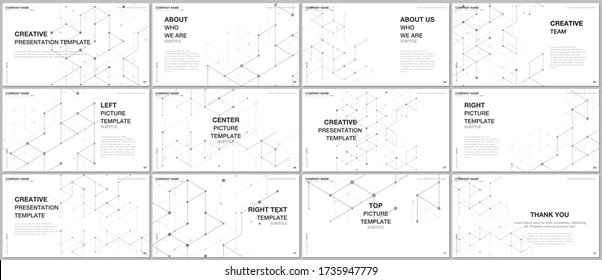 Presentation design vector templates, multipurpose template for presentation slide, flyer, brochure cover design. Scientific medical research. Abstract molecular connection structure backgrounds.