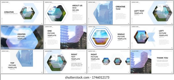 Presentation design vector templates, multipurpose template for presentation slide, flyer, brochure cover design, infographic report. Corporate identity business concept background with hexagons.