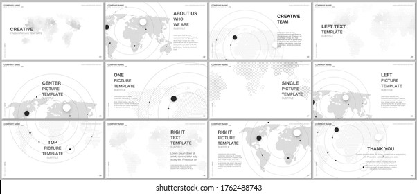 Plantillas vectoriales de diseño de presentaciones, plantilla multipropósito para diapositivas de presentación, volante, diseño de portada de folletos, presentación de informes. Antecedentes del concepto de mapa mundial con elementos infográficos de mapas mundiales