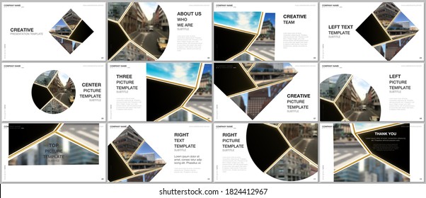 Presentation Design Vector Templates, Multipurpose Template For Presentation Slide, Flyer, Brochure Cover Design. Abstract Black And Golden Project With Clipping Mask, Geometric Shapes For Your Photo.