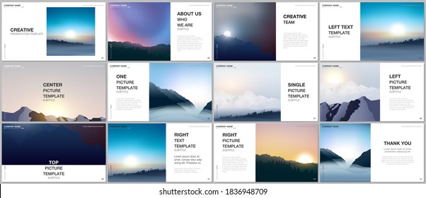 Presentation design vector templates, multipurpose template for presentation slide, brochure cover, report. Fog, sunrise in morning and sunset in evening. Nature landscape backgrounds with mountains.