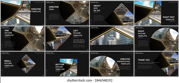 Presentation Design Vector Templates, Multipurpose Template For Presentation Slide, Flyer, Brochure Cover Design. Abstract Black And Golden Project With Clipping Mask, Geometric Shapes For Your Photo.