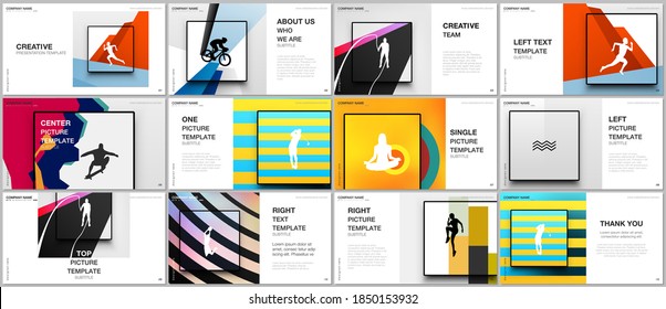 Presentation design vector templates, multipurpose template for presentation slide, flyer, brochure cover design. Abstract colored sport backgrounds in unique style for sport event, fitness design.