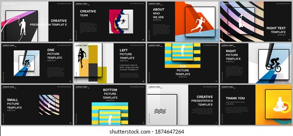 Plantillas vectoriales de diseño de presentaciones, plantilla multipropósito para diapositivas de presentación, diseño de portada de folletos. Antecedentes deportivos de colores abstractos en un estilo único para eventos deportivos, diseño de fitness.