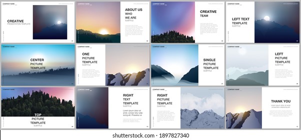 Presentation design vector templates, multipurpose template for presentation slide, brochure cover, report. Fog, sunrise in morning and sunset in evening. Nature landscape backgrounds with mountains.