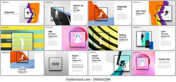 Plantillas vectoriales de diseño de presentaciones, plantilla multipropósito para diapositivas de presentación, diseño de portada de folletos. Antecedentes deportivos de colores abstractos en un estilo único para eventos deportivos, diseño de fitness.