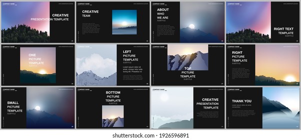 Presentation design vector templates, multipurpose template for presentation slide, brochure cover, report. Fog, sunrise in morning and sunset in evening. Nature landscape backgrounds with mountains.