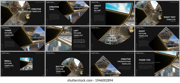 Presentation Design Vector Templates, Multipurpose Template For Presentation Slide, Flyer, Brochure Cover Design. Abstract Black And Golden Project With Clipping Mask, Geometric Shapes For Your Photo.