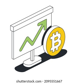 Presentation desk, arrow up, bitcoin coin. Vector 3d line isometric, color web icons, new flat style. Creative illustration, design idea for infographics.