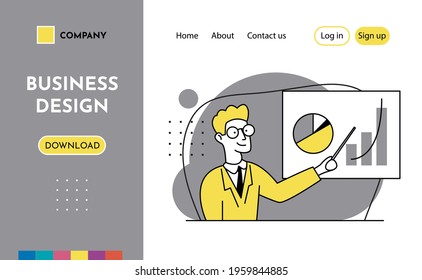 Presentation, development strategy, production growth, positive trend. Modern presentation slide landing page website design, template. Business teamwork concept illustrations. Flat outline style.