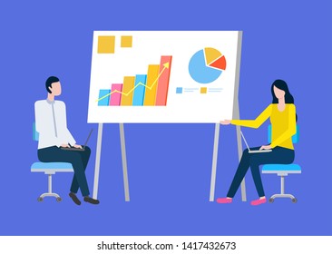 Presentation with diagrams and infocharts vector, woman and man brainstorming, infographics and visualization of info on board teamwork of colleagues