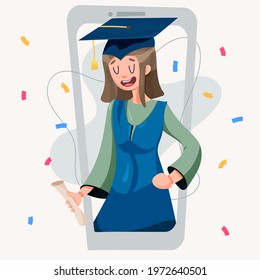 Presentation of diplomas by video communication. girl graduate in the phone