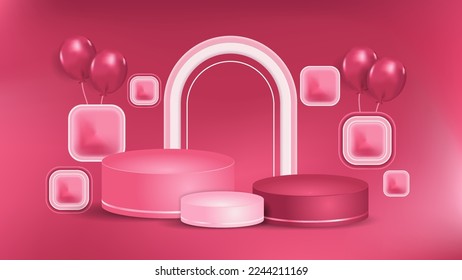 Presentation display backdrop for products with podiums, balloons and luxury decorations. Vector illustration